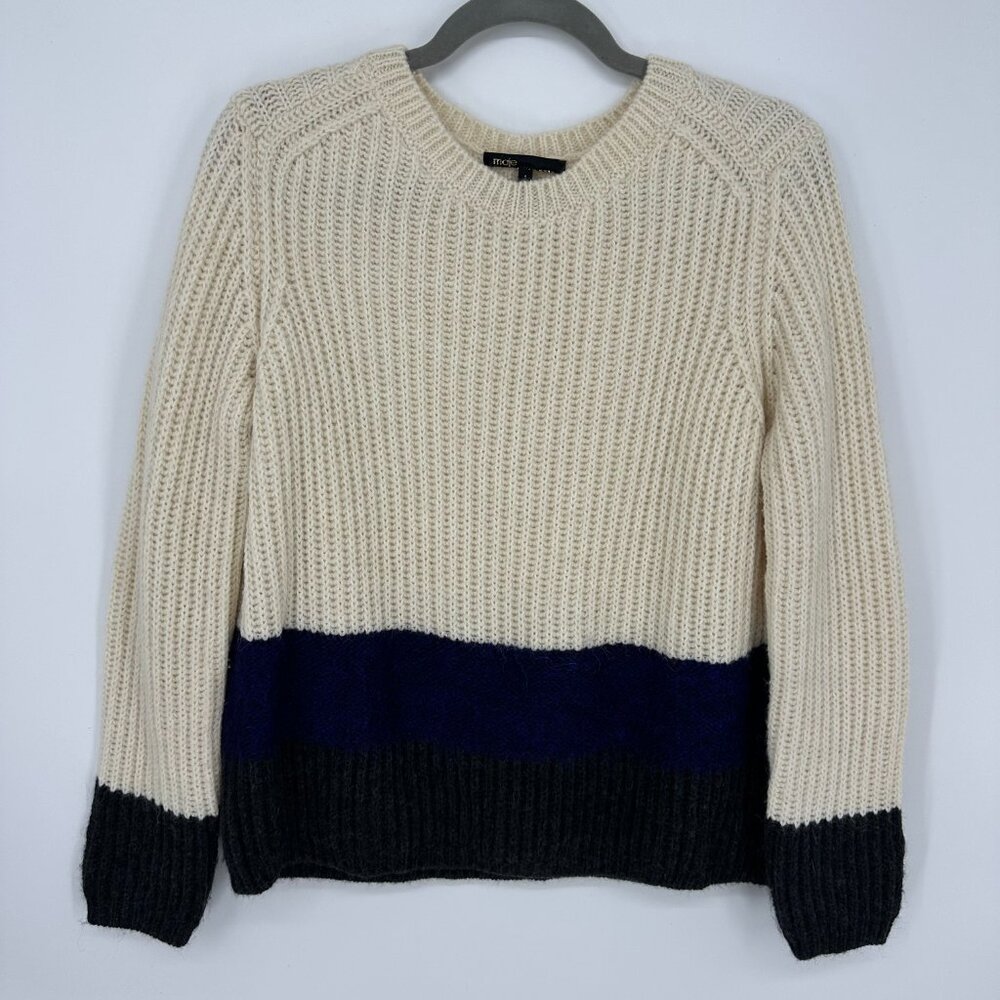 Maje Color Block Striped Sweater S Alpaca Wool Chunky Ribbed Cream Blue